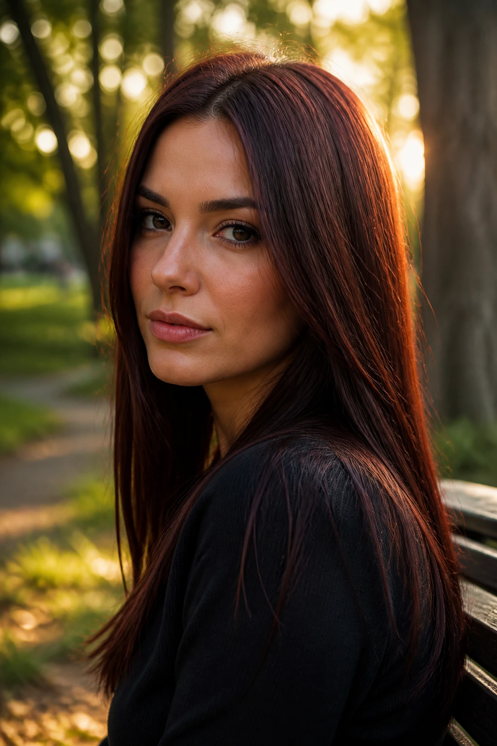 Close-up portrait of a real woman with mahogany brunette hair, deep red-brown shade