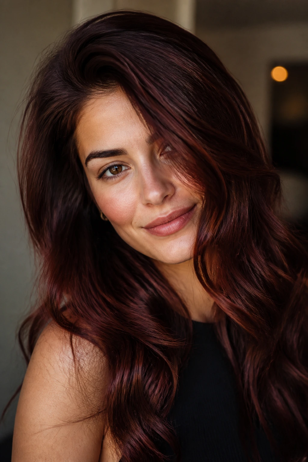 Close-up of a real woman with luxe mahogany brunette hair in natural light.