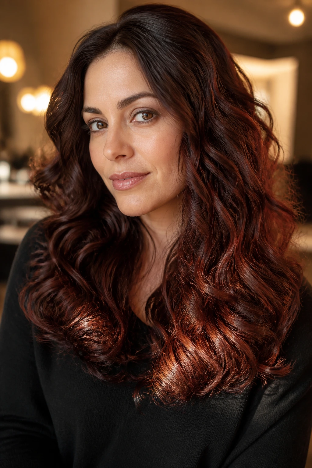 Real woman with mahogany brunette hair and polished ends in curls.