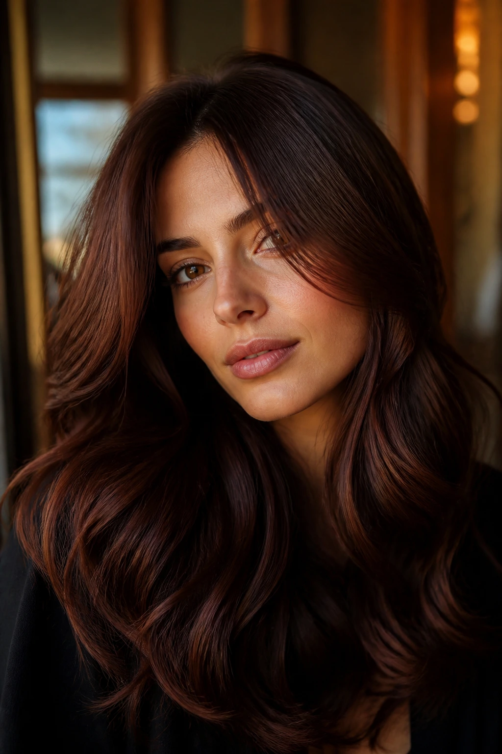 Portrait of a woman with mahogany brunette hair under warm golden hour light.