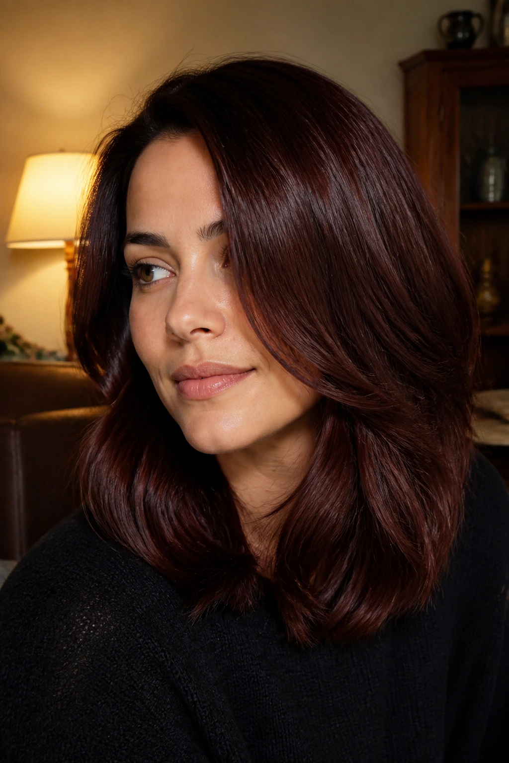 Close-up portrait of a real woman with mahogany brunette shine under warm indoor light