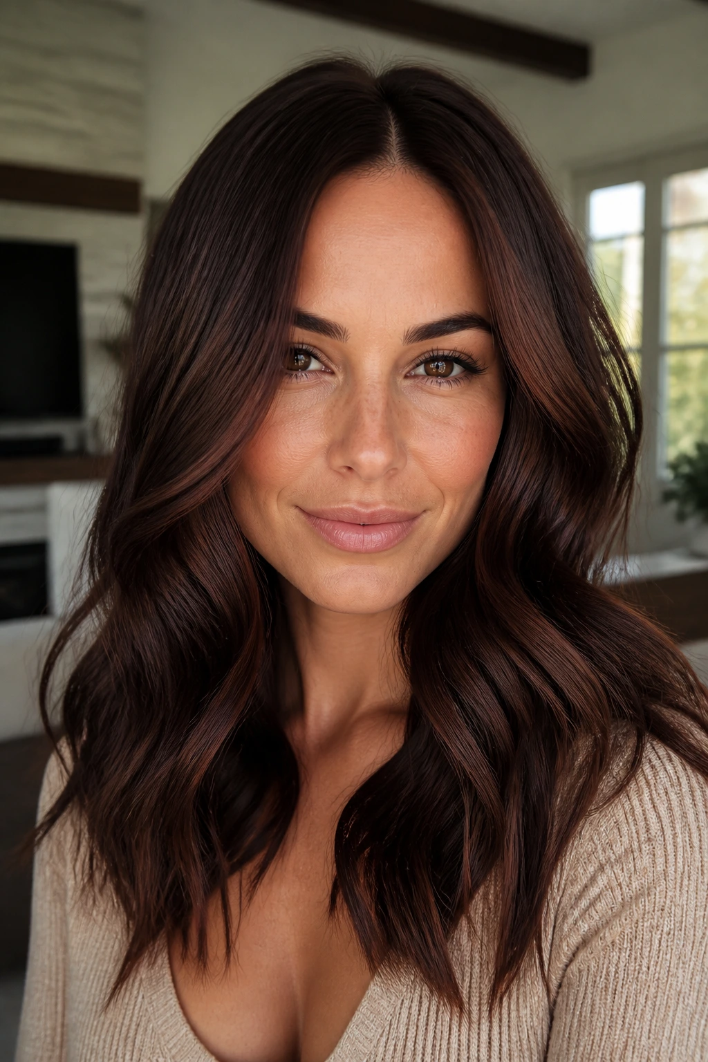 Portrait of mahogany brunette with soft waves and center part