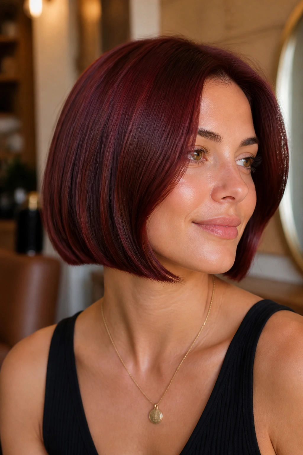 Close-up portrait of a real person with mahogany burgundy bob, blunt cut and glossy finish