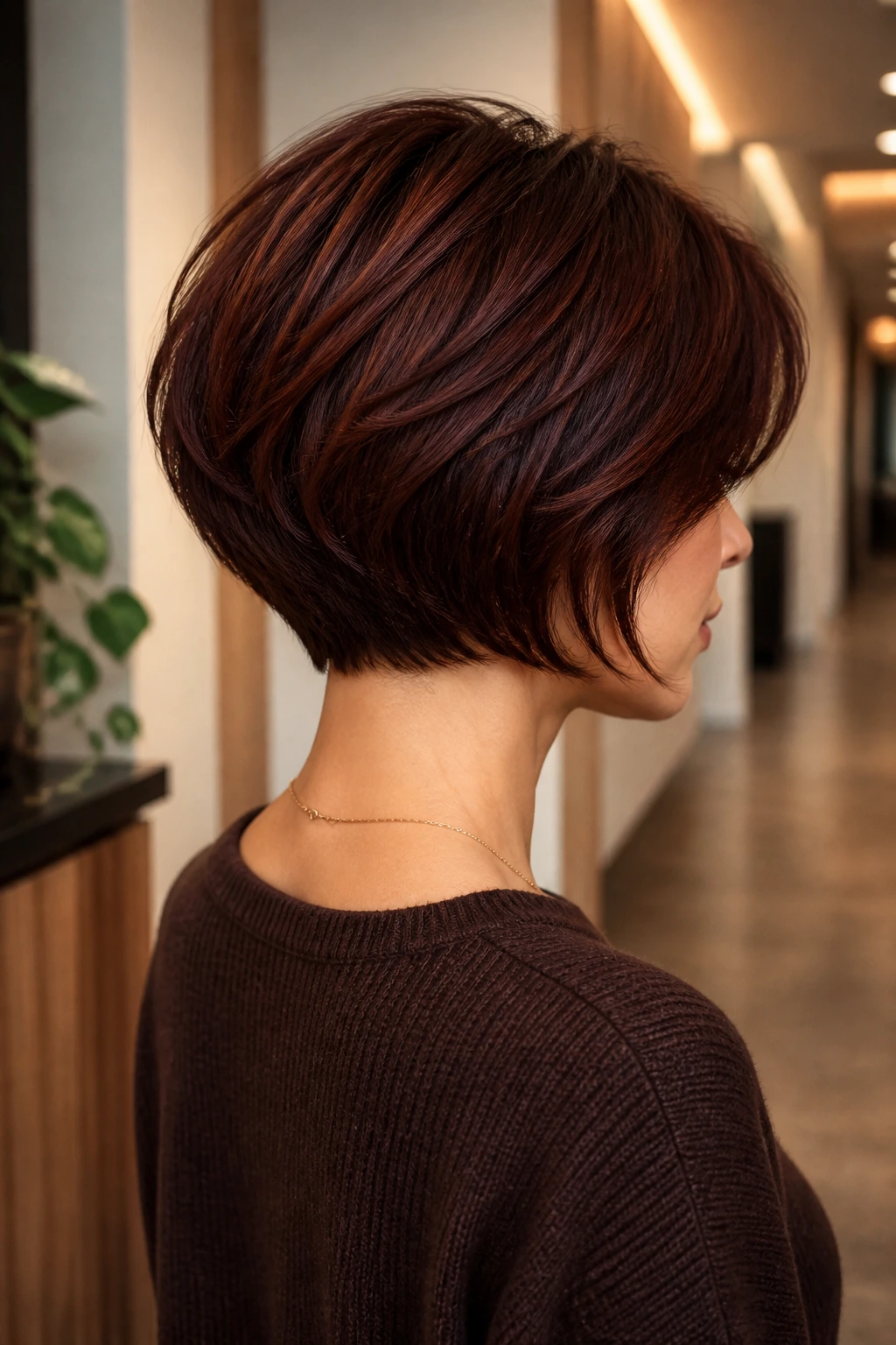 Back/side portrait of a real woman with mahogany choppy bob and curved nape, rich depth.