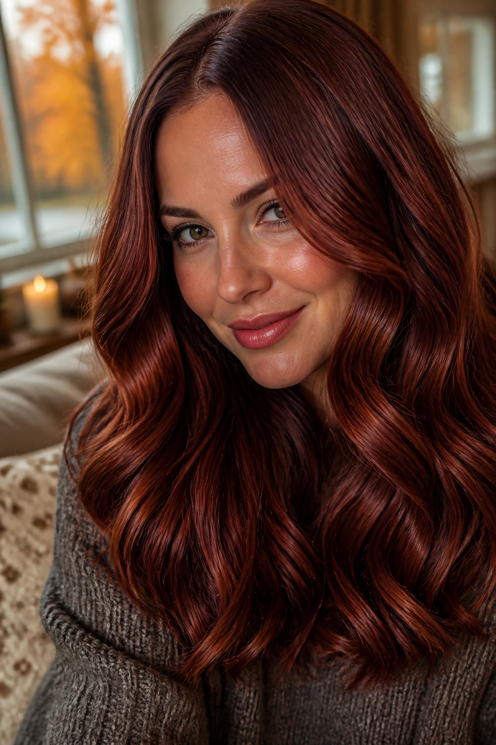 Close-up portrait of a real woman with mahogany copper hair in soft waves.