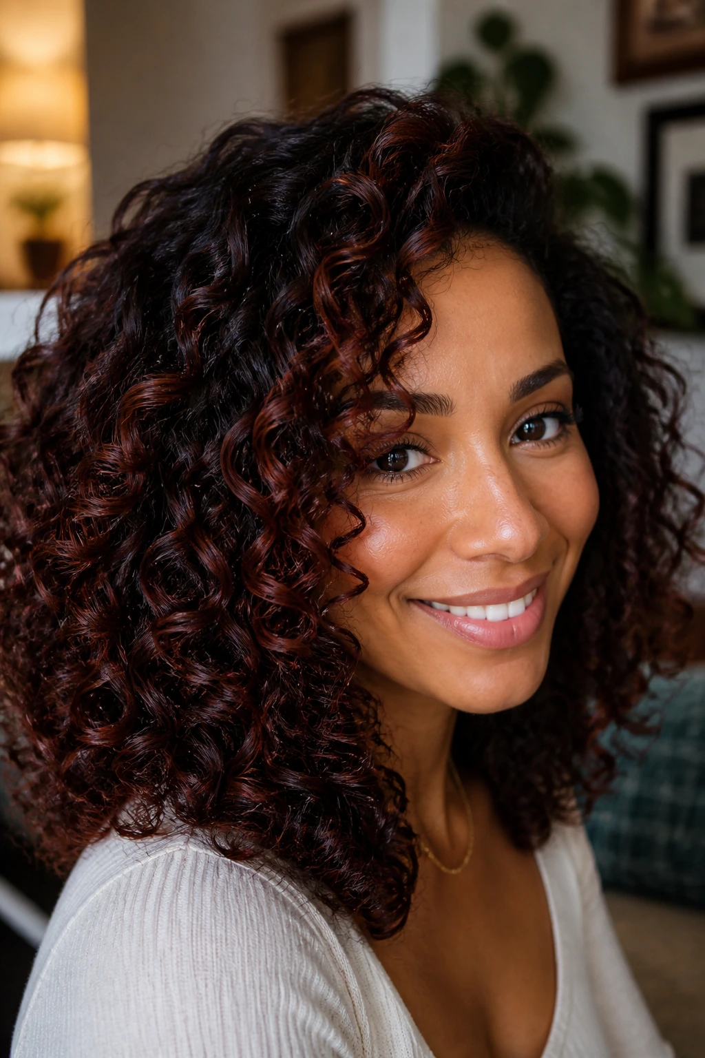 Close-up of dark curly hair with mahogany highlights catching light