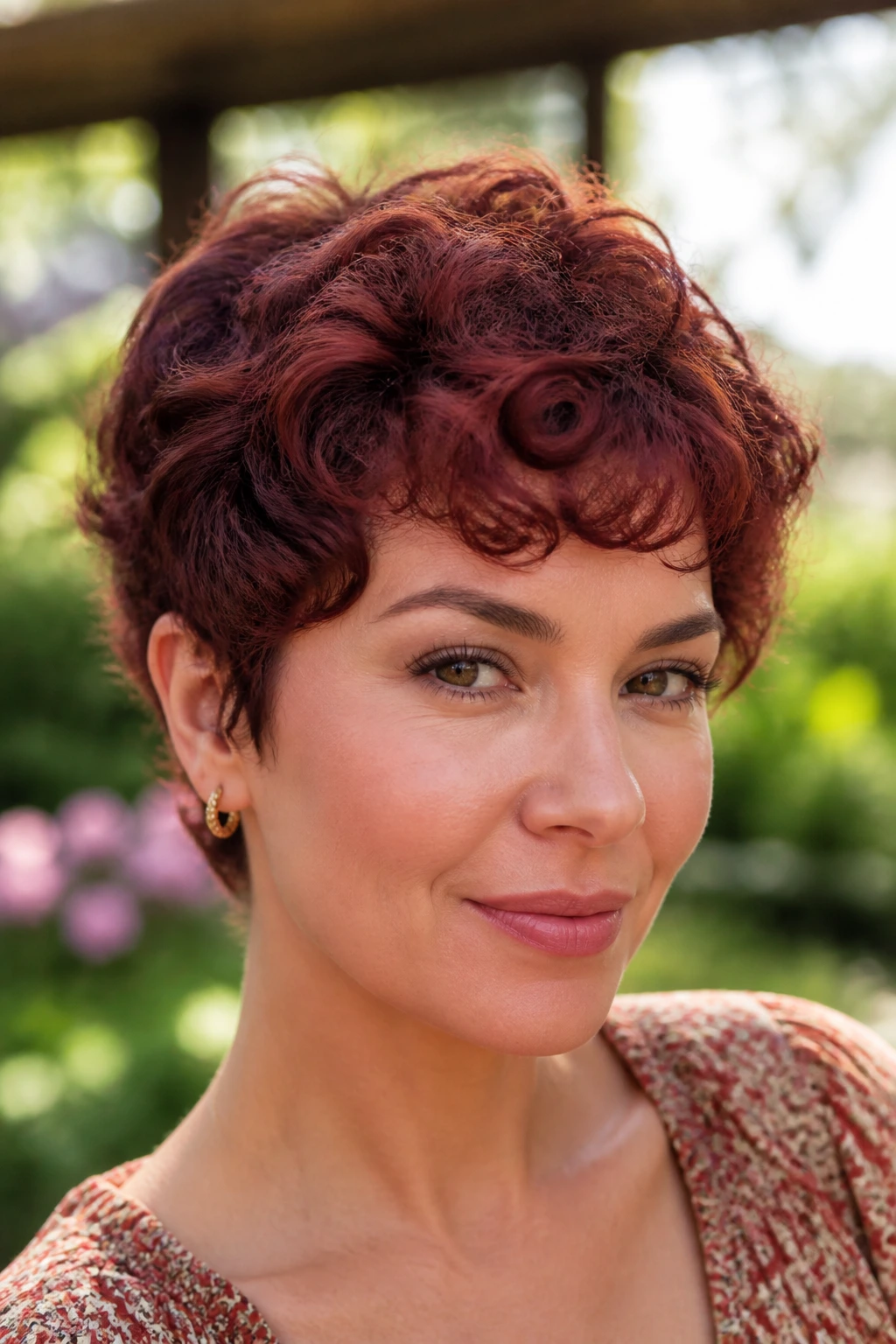 Real woman with mahogany curls on a short crop in a sunny garden