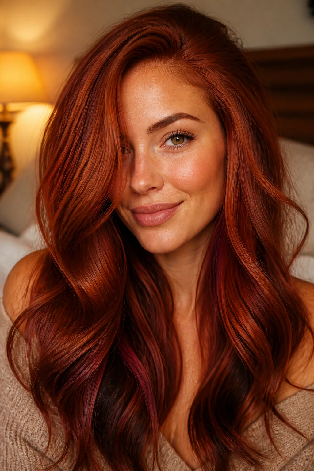 Close-up of a real person with mahogany ginger lowlights in hair.