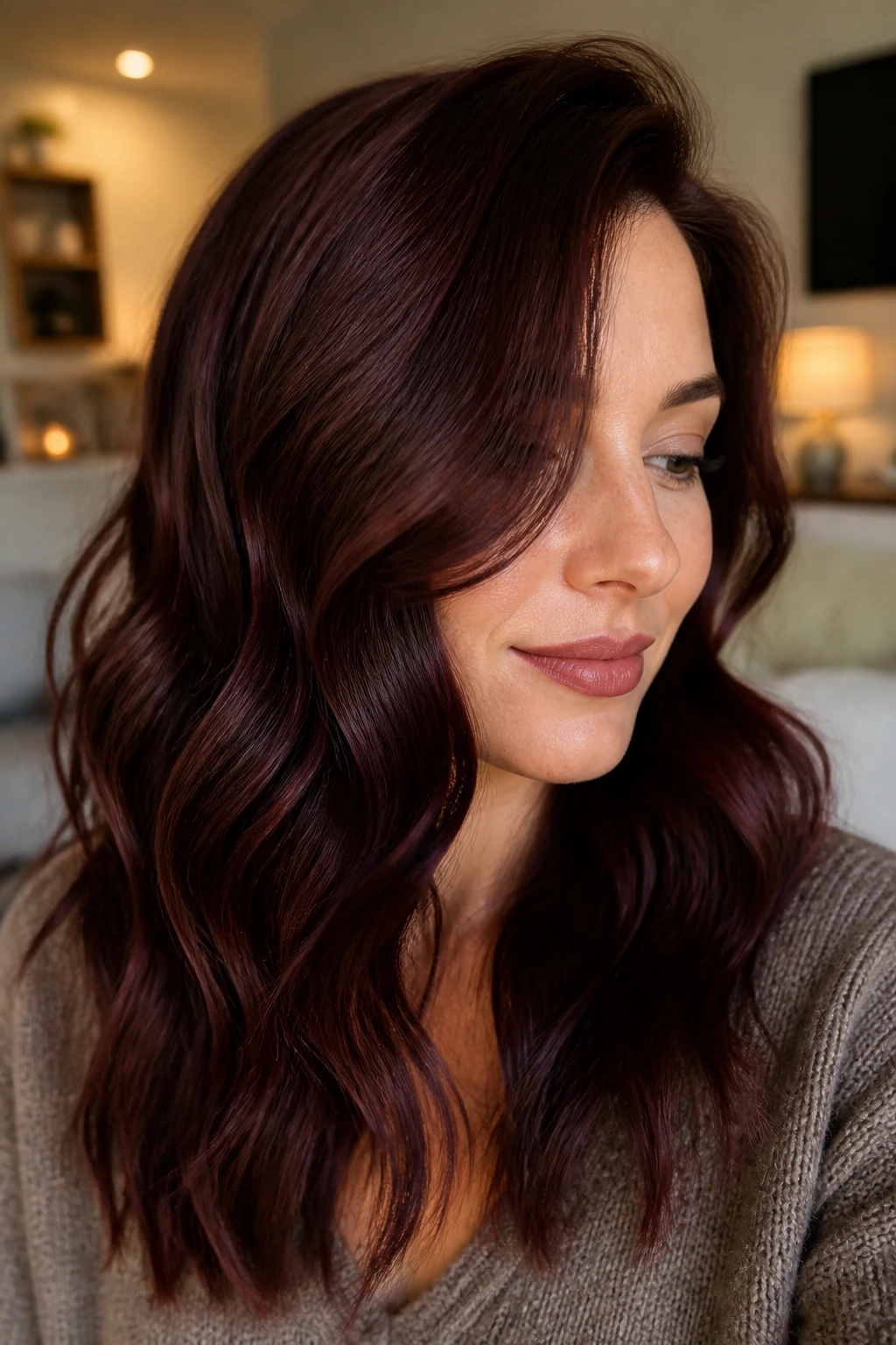 Close-up of a real woman with deep mahogany gloss on brown-red waves