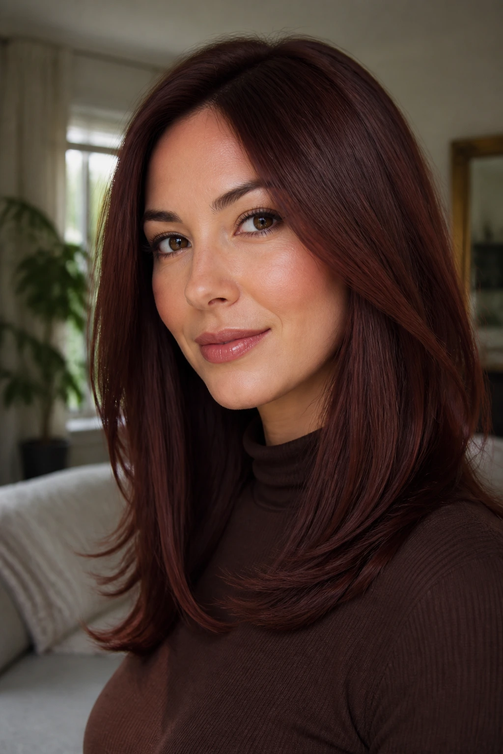 Portrait of a real woman with mahogany straight layers and a soft bend at the ends