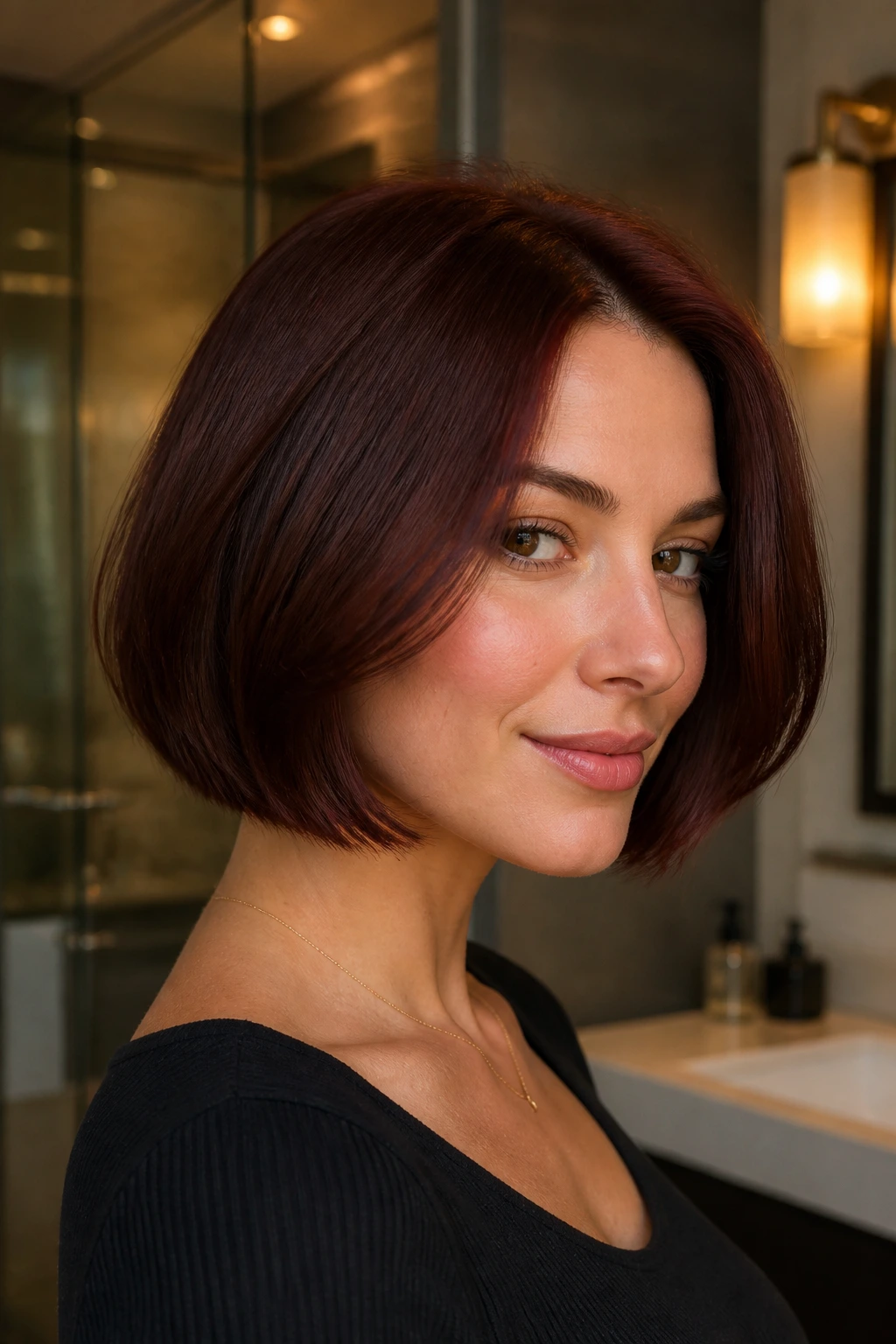 Close-up portrait of a real woman with mahogany jaw-length bob under soft indoor lighting