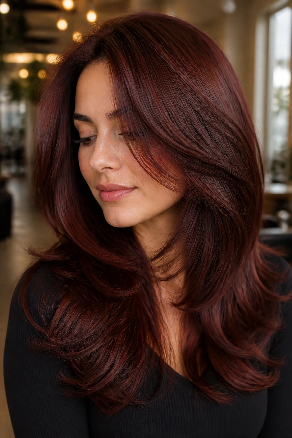 Close-up of a real woman with layered mahogany hair in red-brown tones