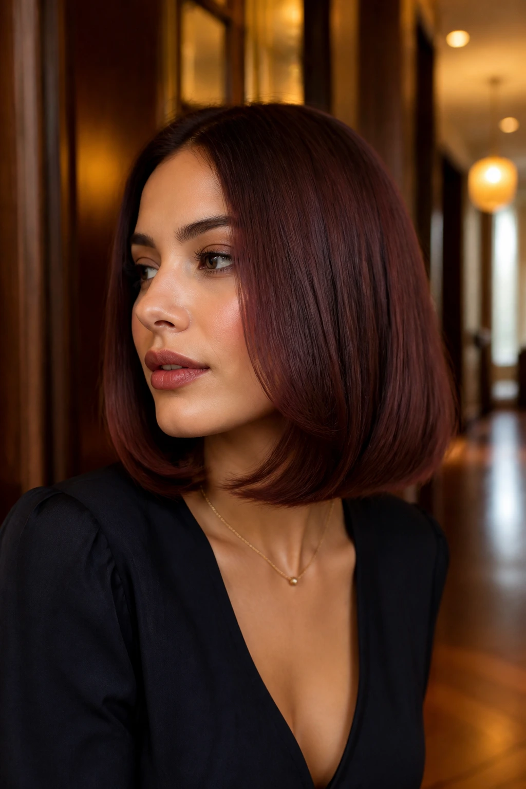 Close-up of real woman with mahogany lob and bent ends