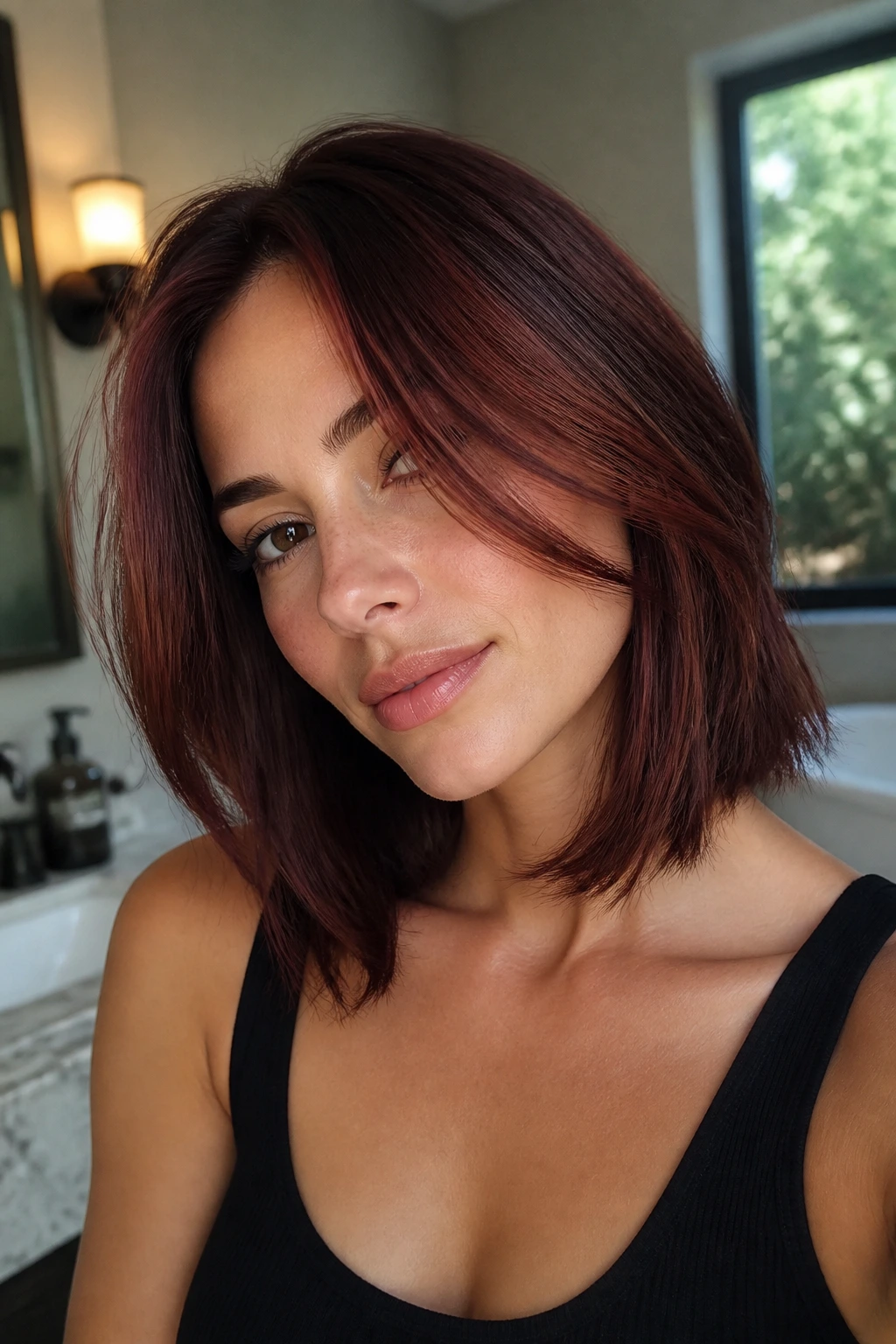Close-up of real woman with mahogany lob and face-framing pieces, glossy wine-brown color