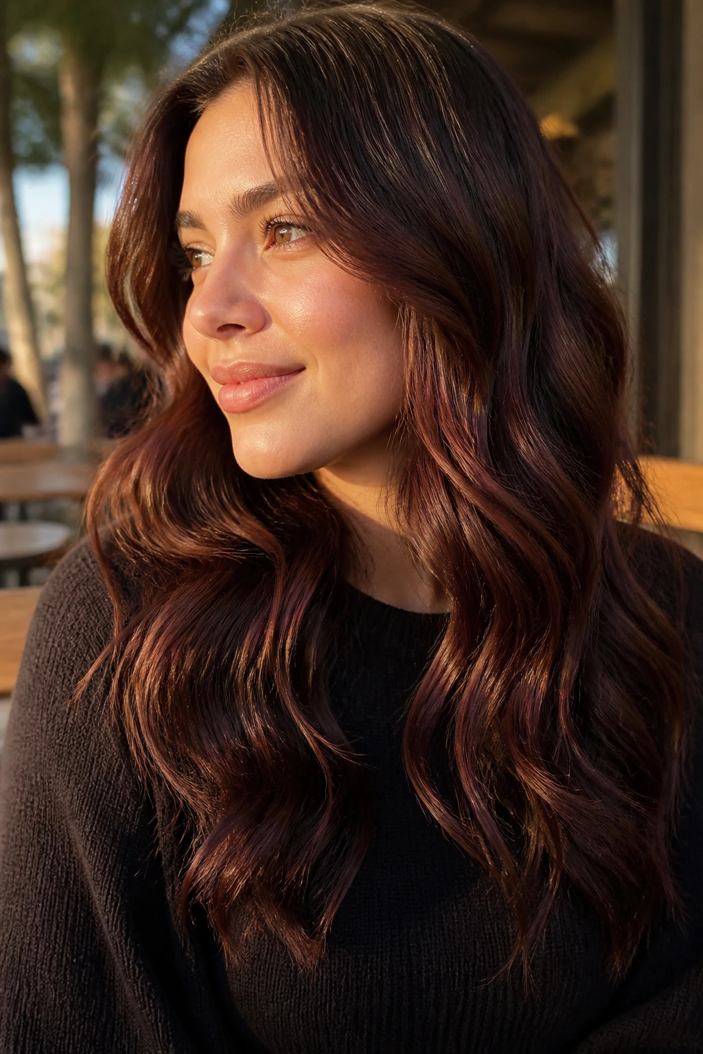 Close-up of chestnut brown waves with mahogany lowlights.