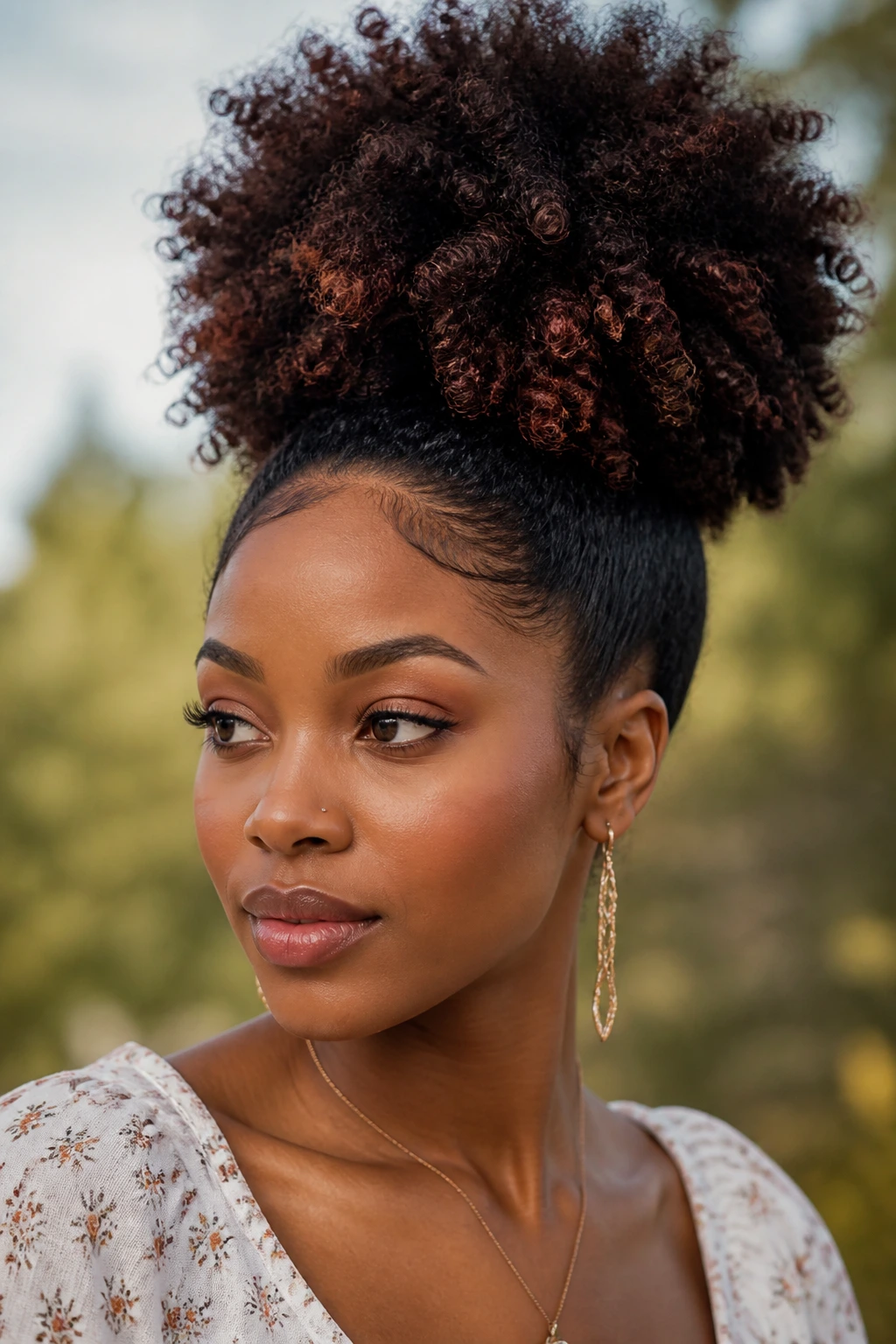 Head-and-shoulders portrait of a Black woman with mahogany lowlights in a high puff.