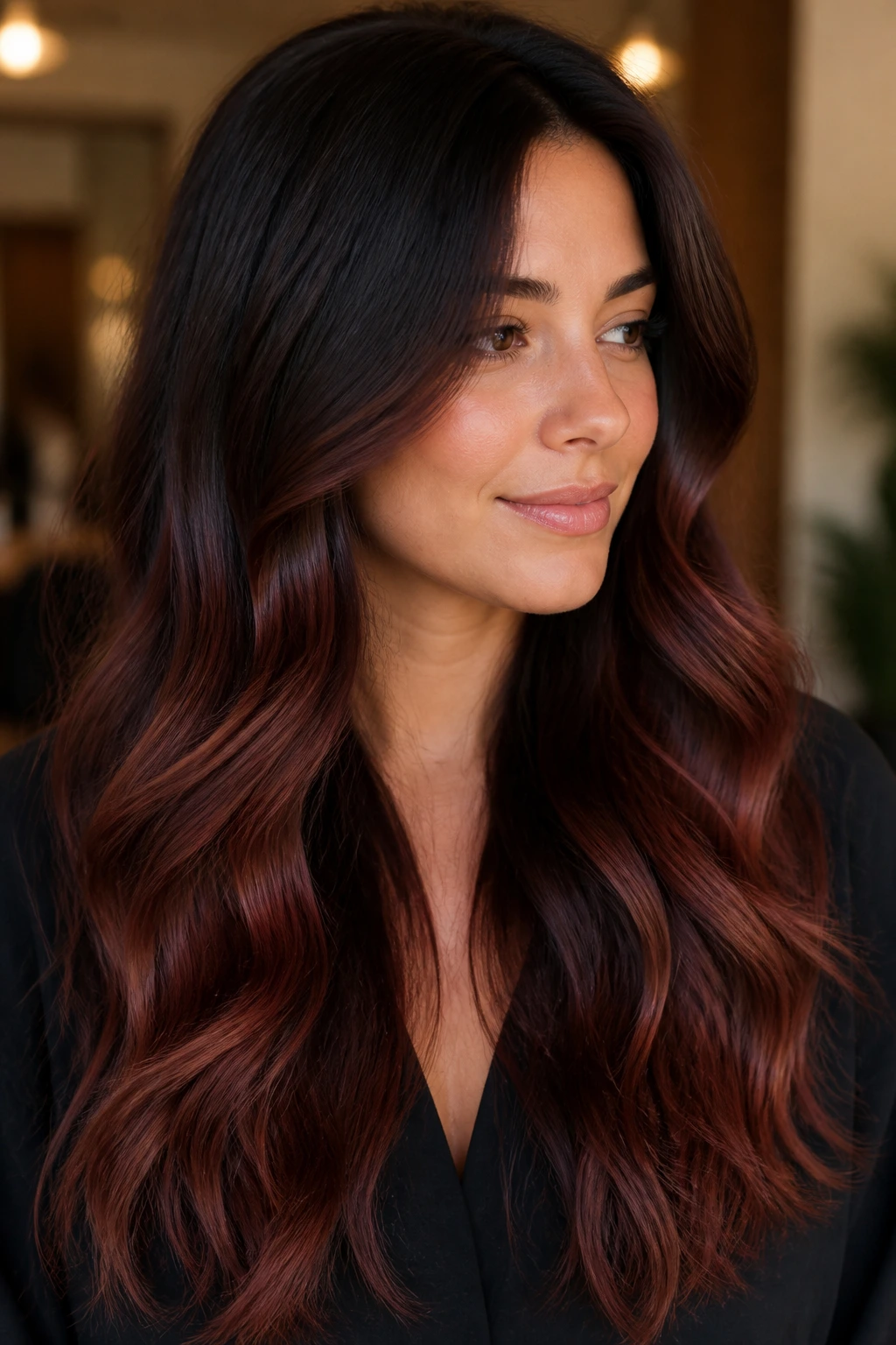 Close-up of a real person with Mahogany Melt balayage showing transition from deep brown to mahogany