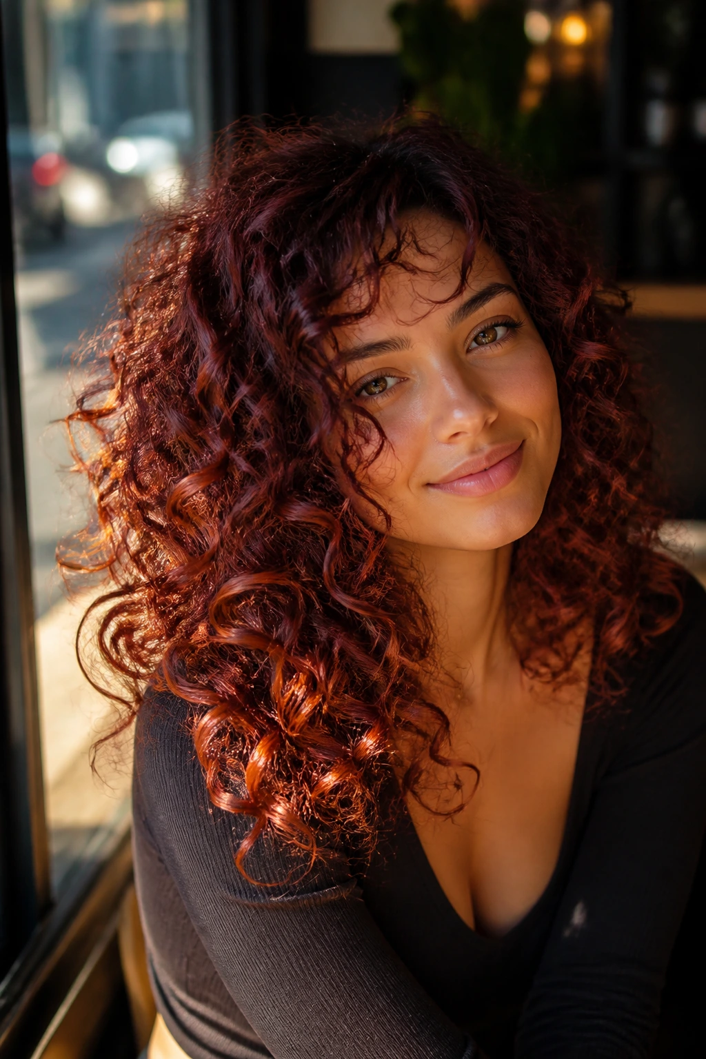 Close-up portrait of a real woman with mahogany melt hair in warm cafe light.