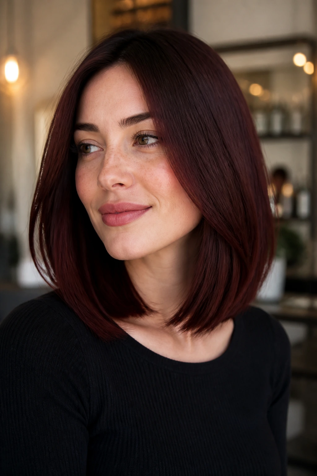 Real person with mahogany midi cut, close-up portrait, warm salon lighting.