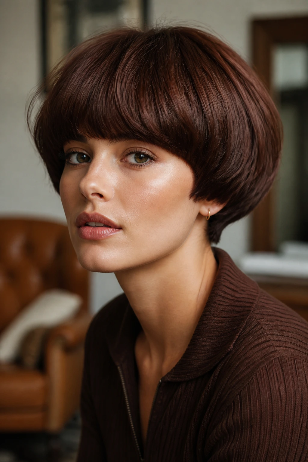 Close-up of a real woman with a mahogany mushroom cut in warm light