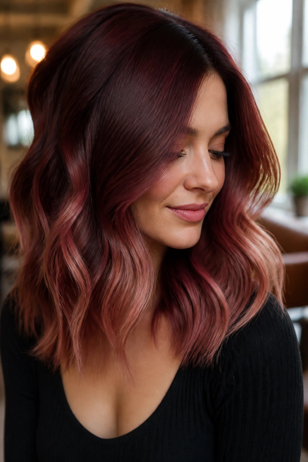 Close-up portrait of a real woman with mahogany to rose gold ombre on medium-length hair