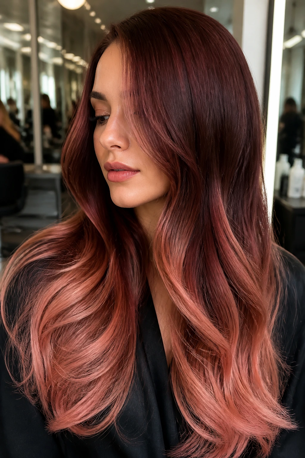 Close-up of a real woman with mahogany base turning to rose gold at the ends