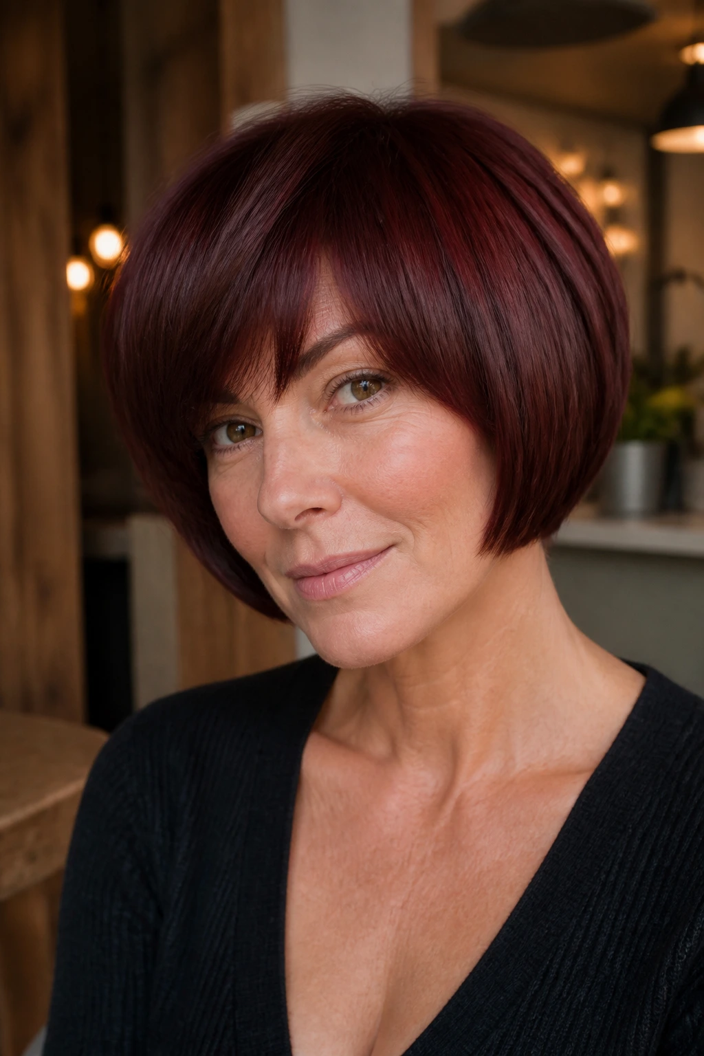 Close-up portrait of a real woman with mahogany rounded bob, glossy finish framing the jaw