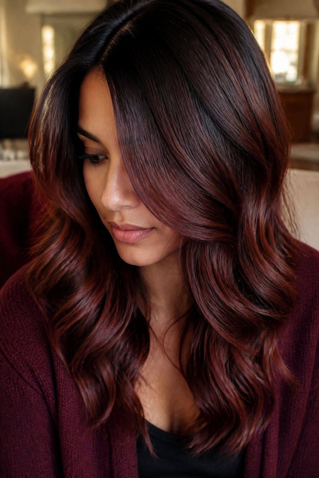 Close-up portrait of a real woman with mahogany shadow melt hair in warm indoor setting