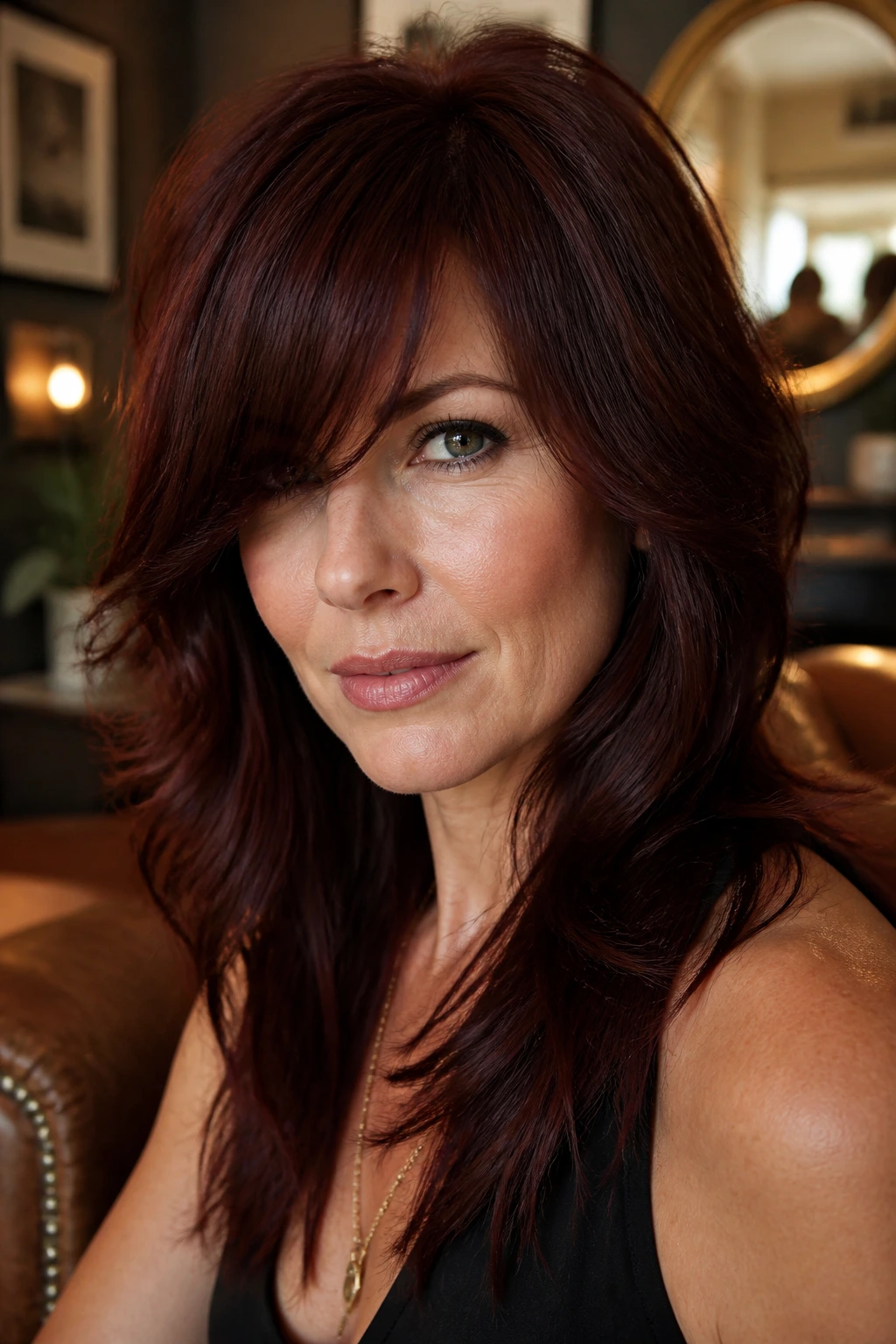 Real person wearing mahogany shag with deep side bangs close-up