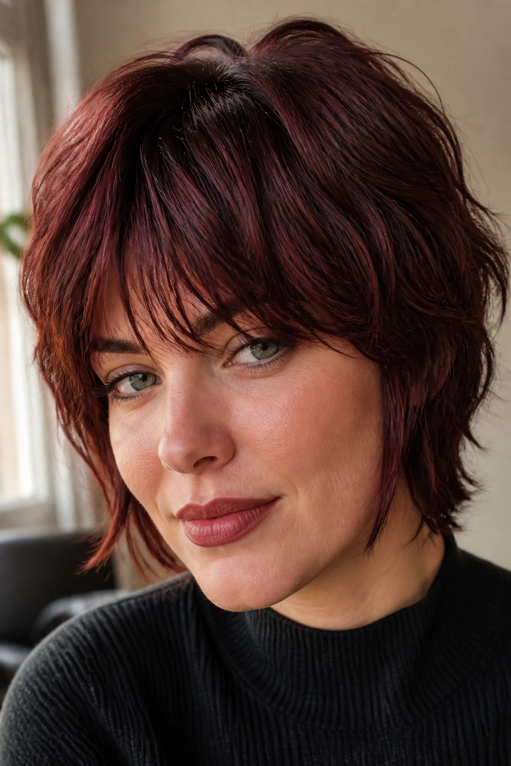 Close-up portrait of a real person with mahogany short shag
