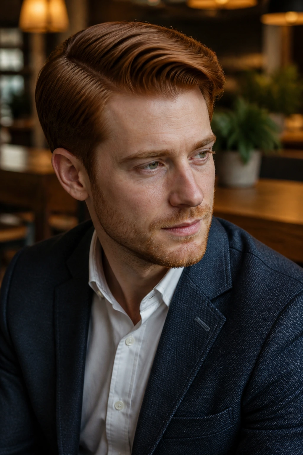 Portrait of a man with mahogany side part hairstyle in a cafe