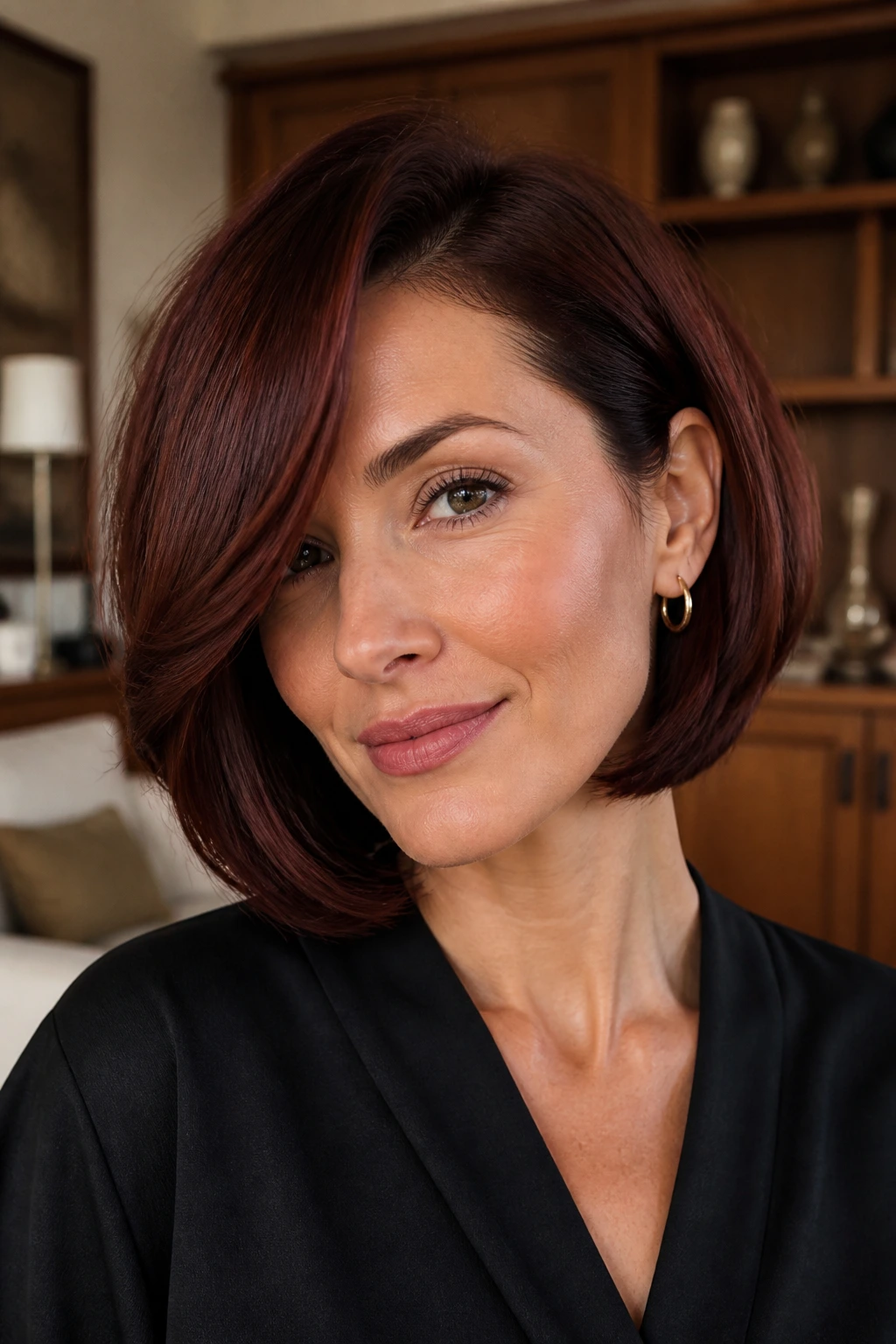 Close-up portrait of a real woman with Mahogany Side-Swept Bob
