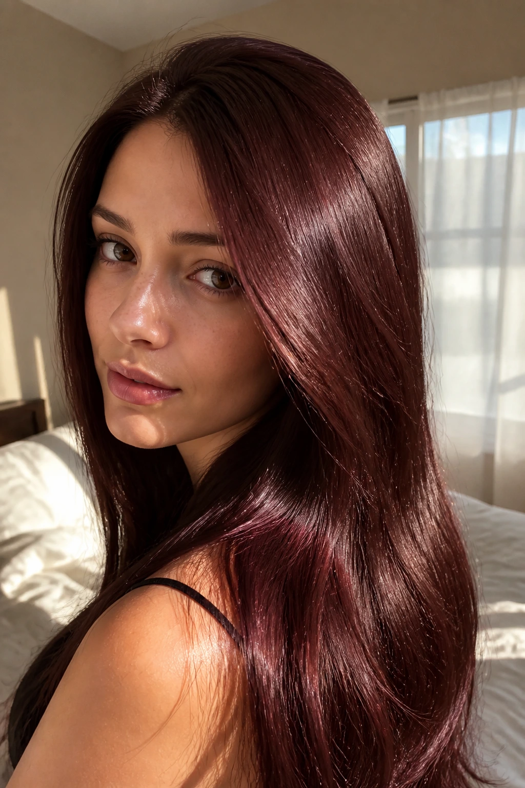Close-up of a real woman with glossy mahogany hair in a sunlit room.