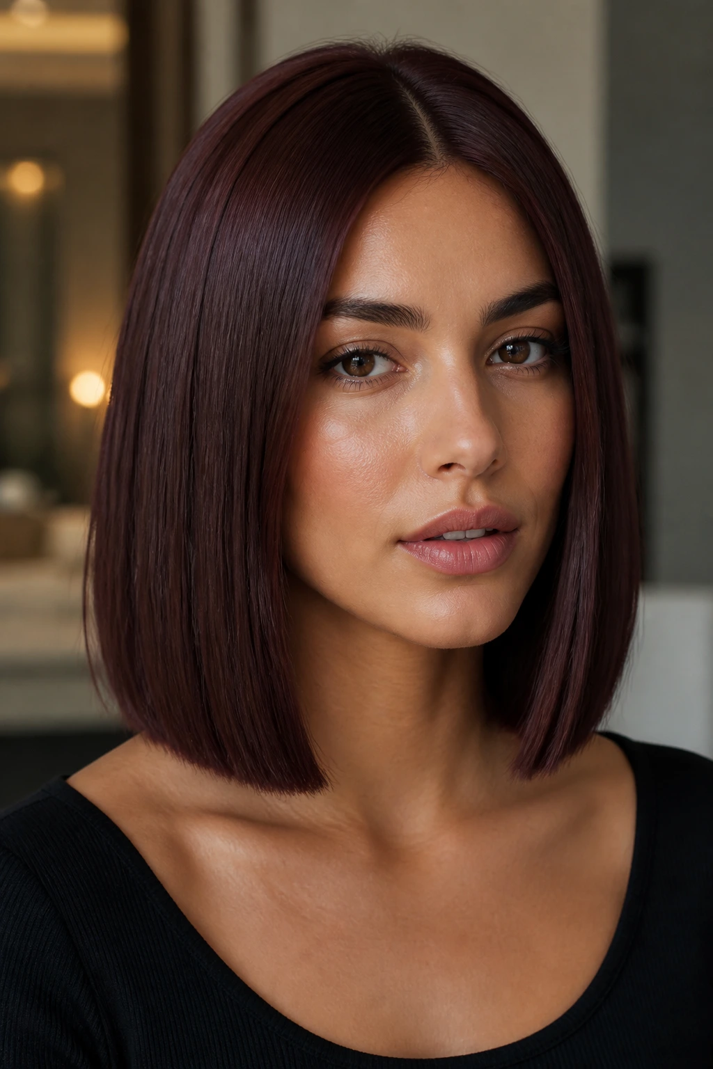 Close-up portrait of a real woman with a mahogany sleek lob and middle part in indoor light