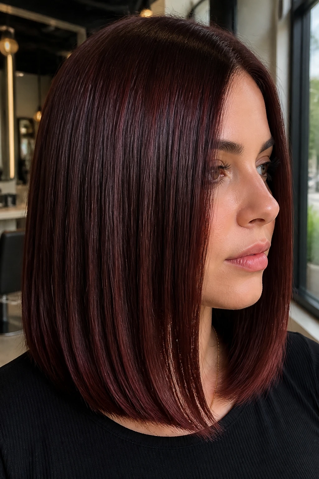 Close-up of a real woman with a mahogany sleek lob in a bright salon setting