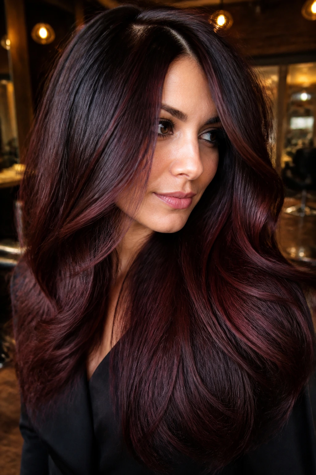 Close-up of thick hair with mahogany veil glaze