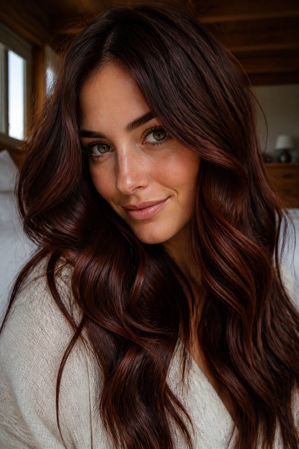 Close-up portrait of a real woman with mahogany waves and glossy red-brown undertones.