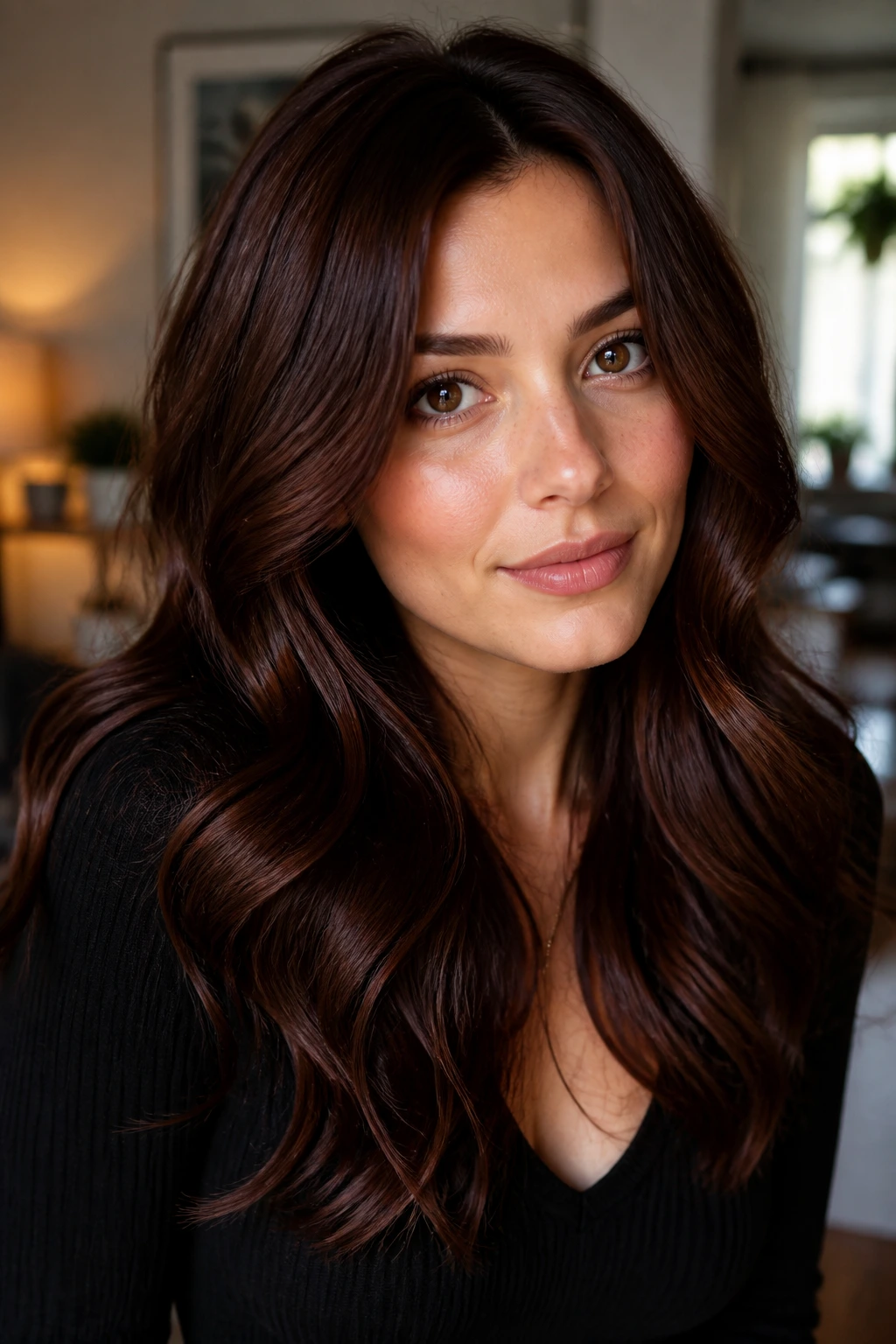 Portrait of a woman with mahogany brown wavy hair under warm indoor light