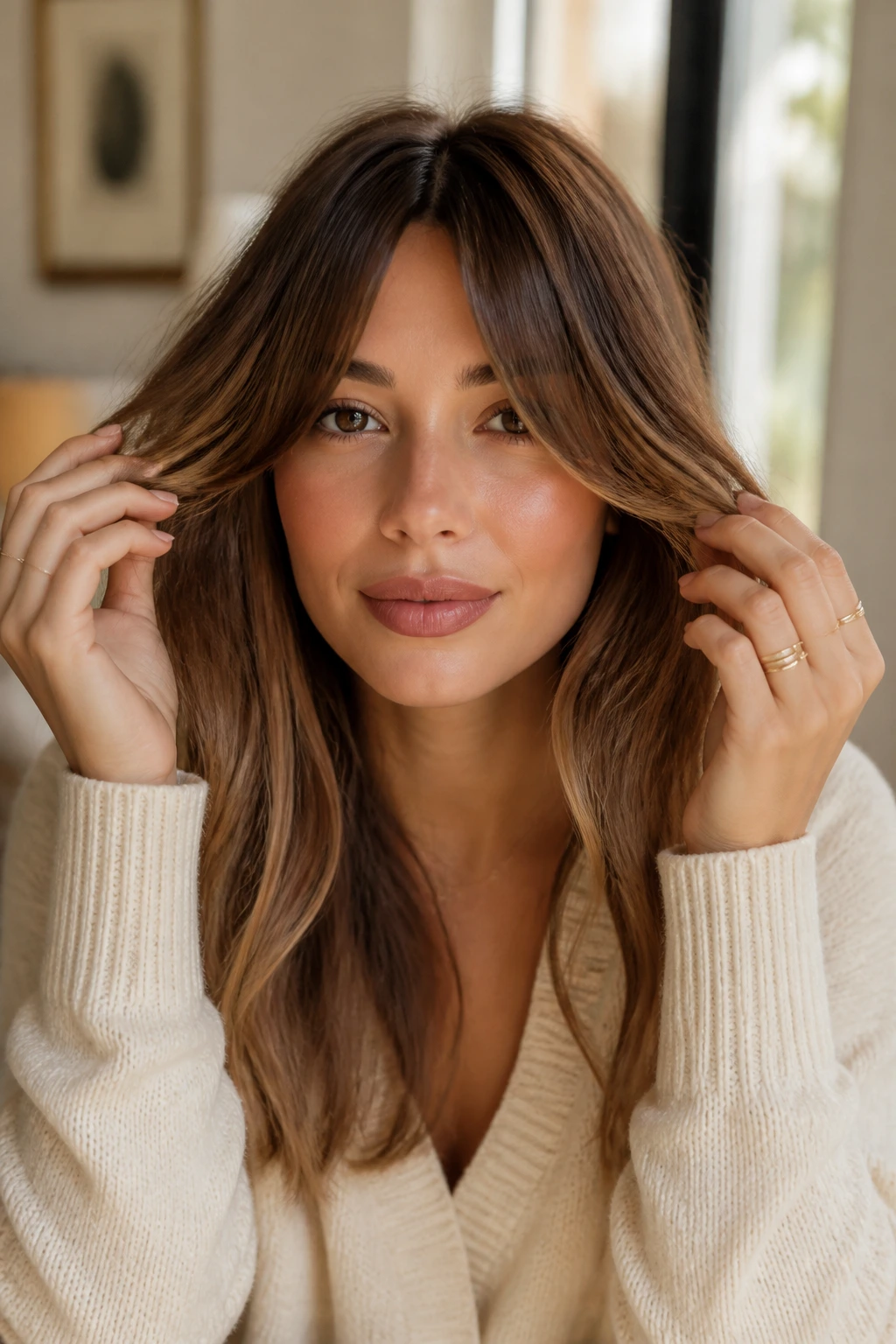 Portrait of a woman with well-maintained curtain bangs being adjusted