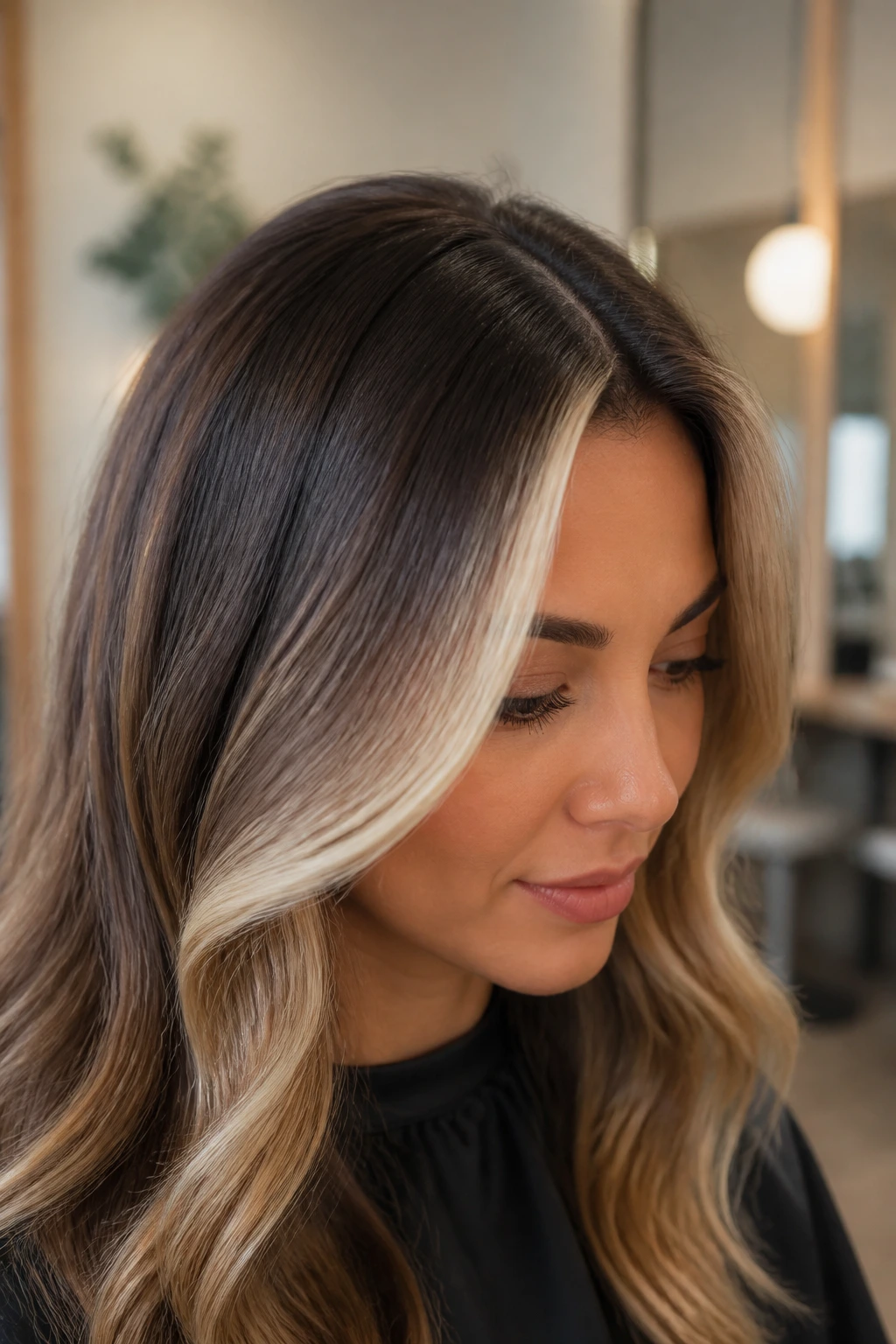 Real person with money piece highlights showing a soft root and bright front pieces