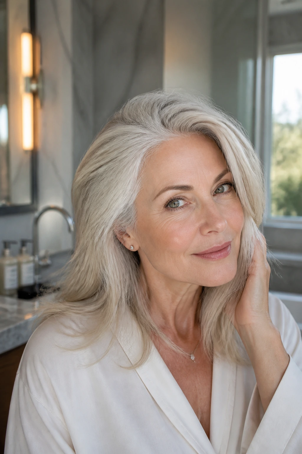 Close-up of a woman with glossy silver blonde hair in a bright bathroom setting