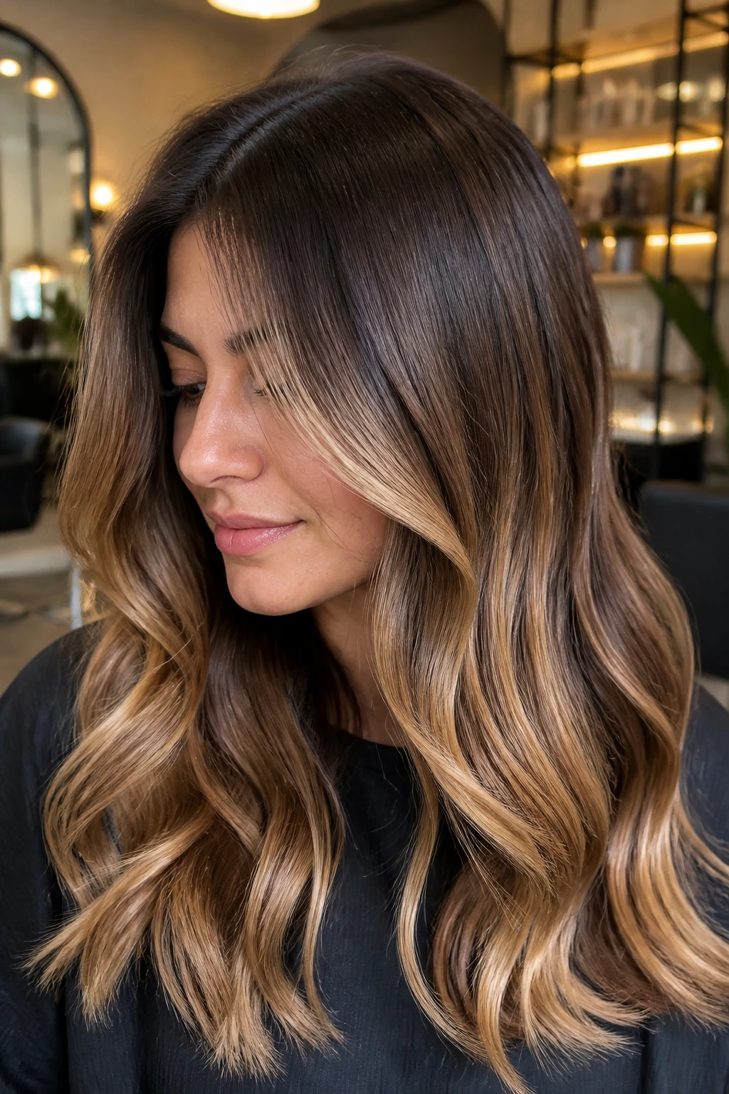 Hair with subtle root shadow and glossy mid-lengths in a salon setting