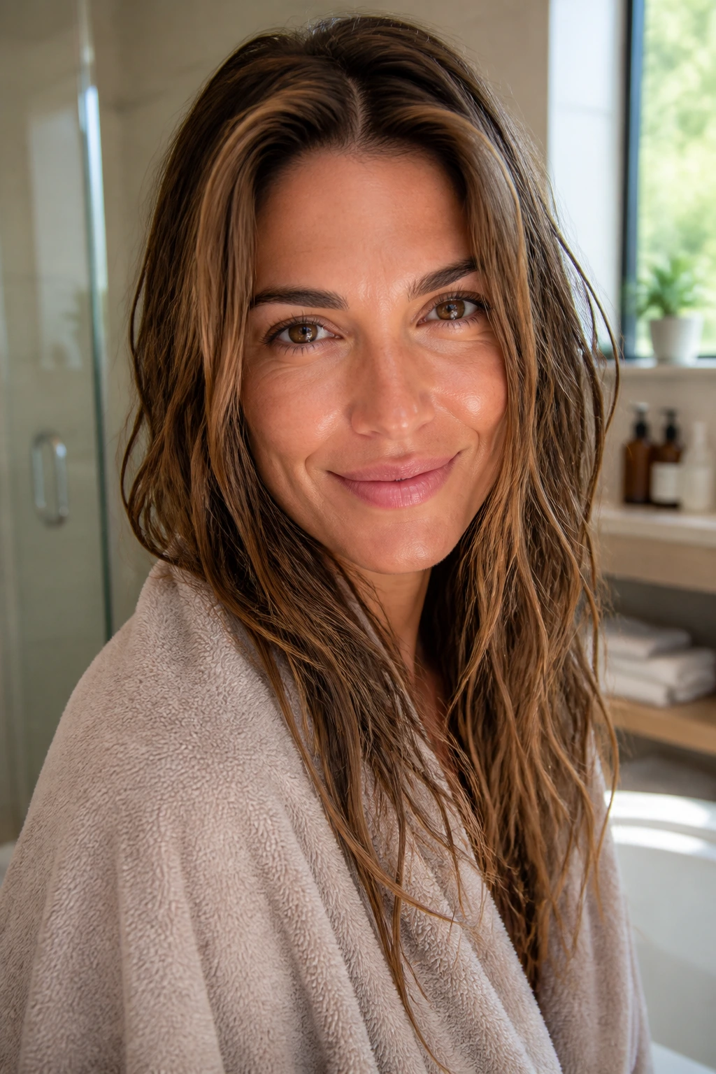 Portrait of a woman with healthy-looking brunette hair during a maintenance routine