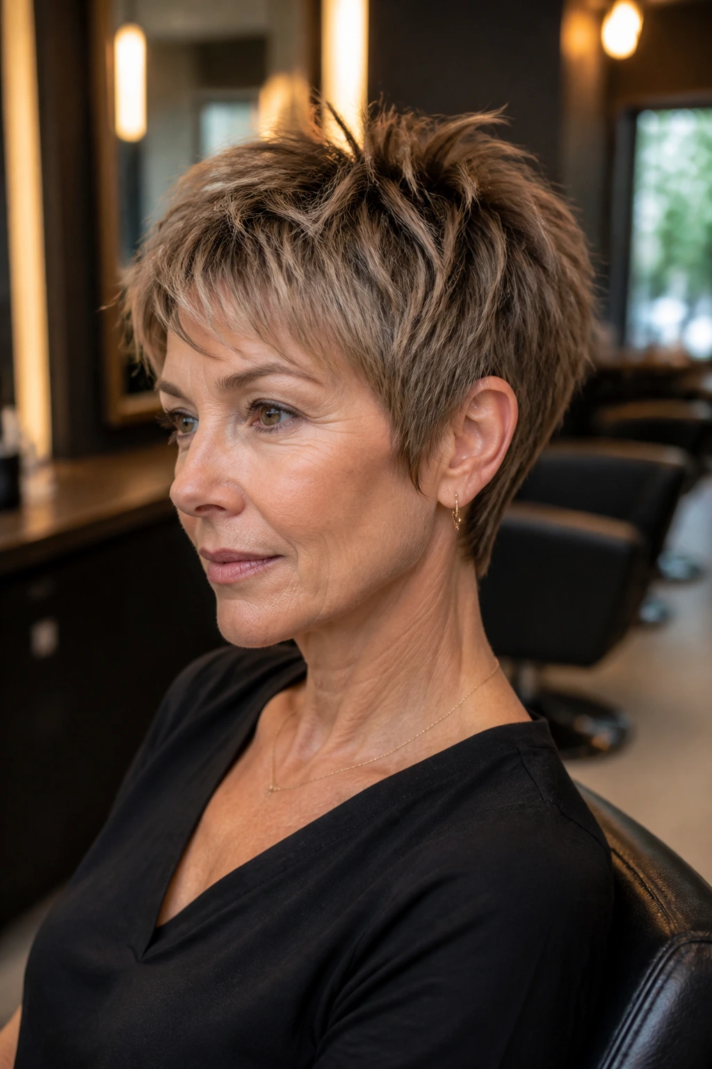 Close-up of a real person with a crisp short haircut in a salon setting