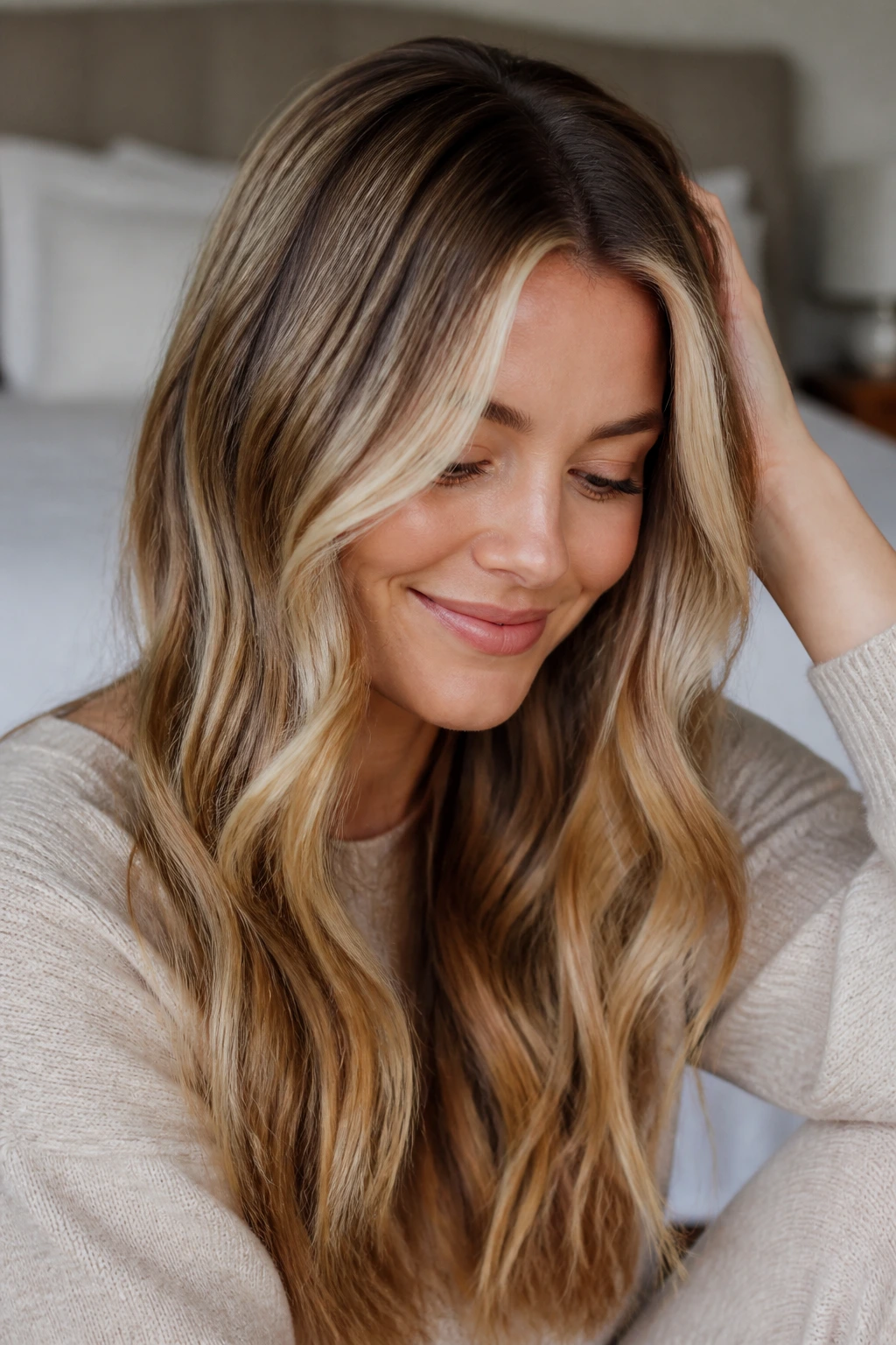 Close-up of refreshed highlights in healthy hair under soft home lighting