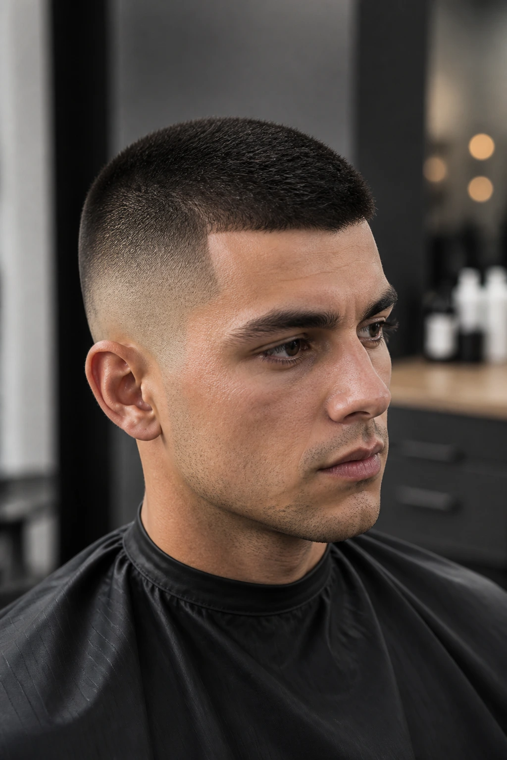 Close-up of buzz cut with crisp edges in barbershop lighting