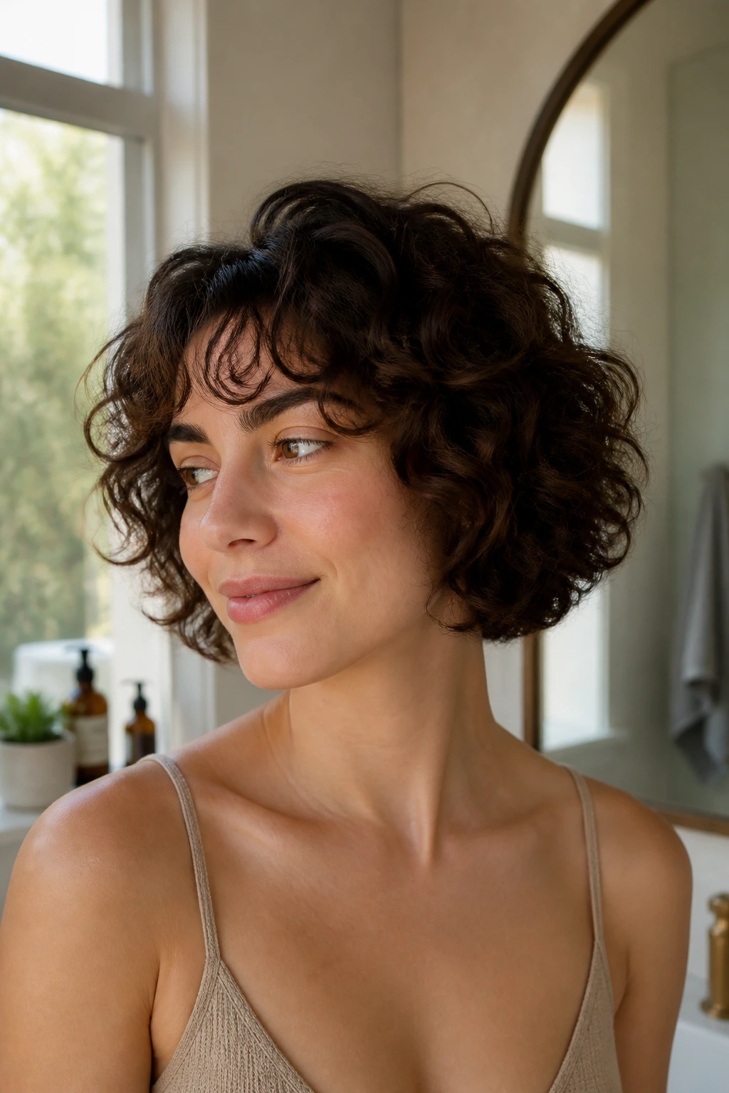 Portrait of a real person with a tidy chin-length curly haircut and clean nape