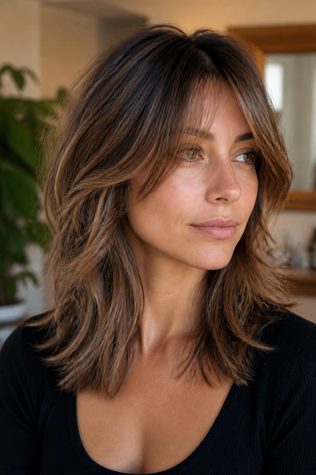 Portrait of a woman with crisp shag layers and subtle root shadow