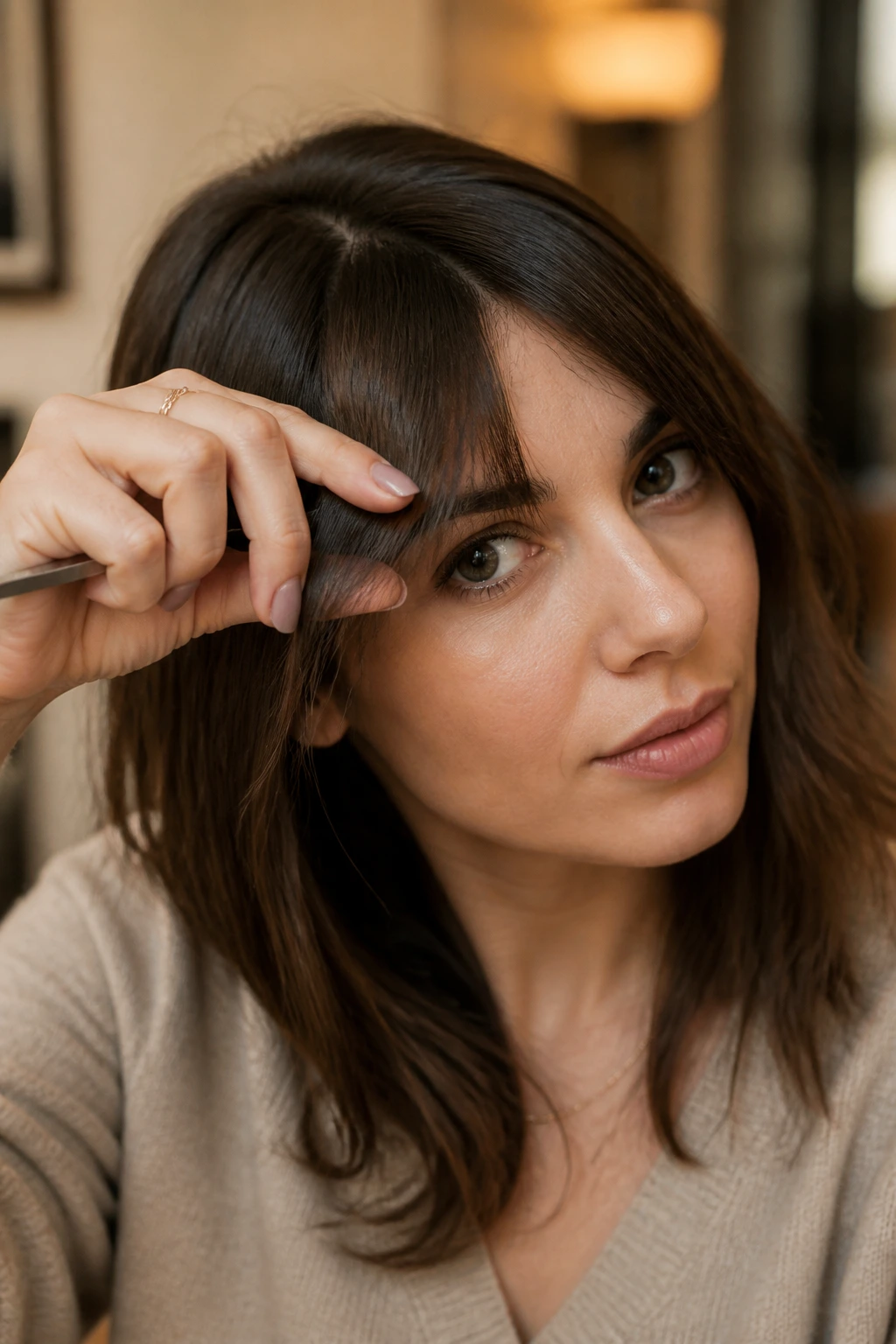 Person adjusting bangs, illustrating maintenance and grow-out planning