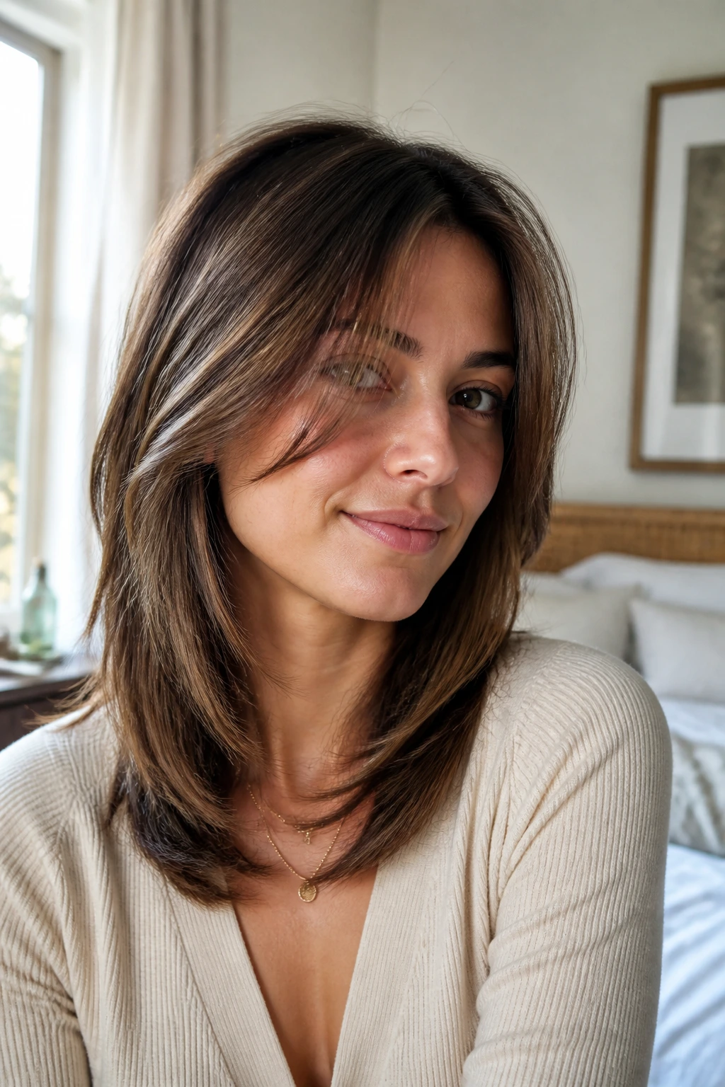 Close-up portrait of a real woman with a neat medium-length layered haircut and trim in soft window light